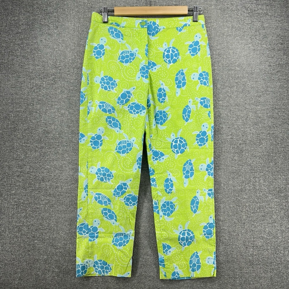 Lilly Pulitzer Cropped Pants Women Size 4 Green Turtle Casual Summer Cotton‎